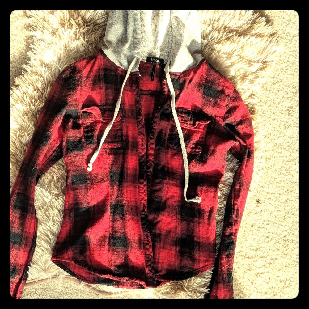Nollie Red Hooded Flannel Button Up Jacket